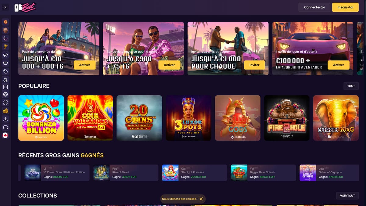 Lobby principal de GT Bet Casino en wildseven.es