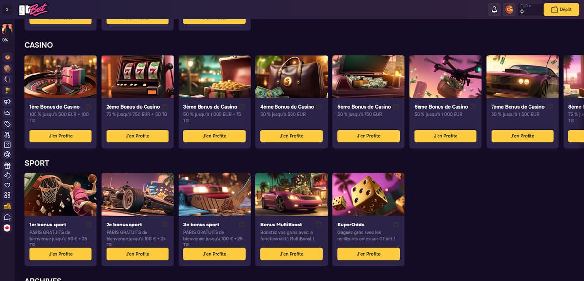 Banner del centro de bonos del casino GT Bet en wildseven.es