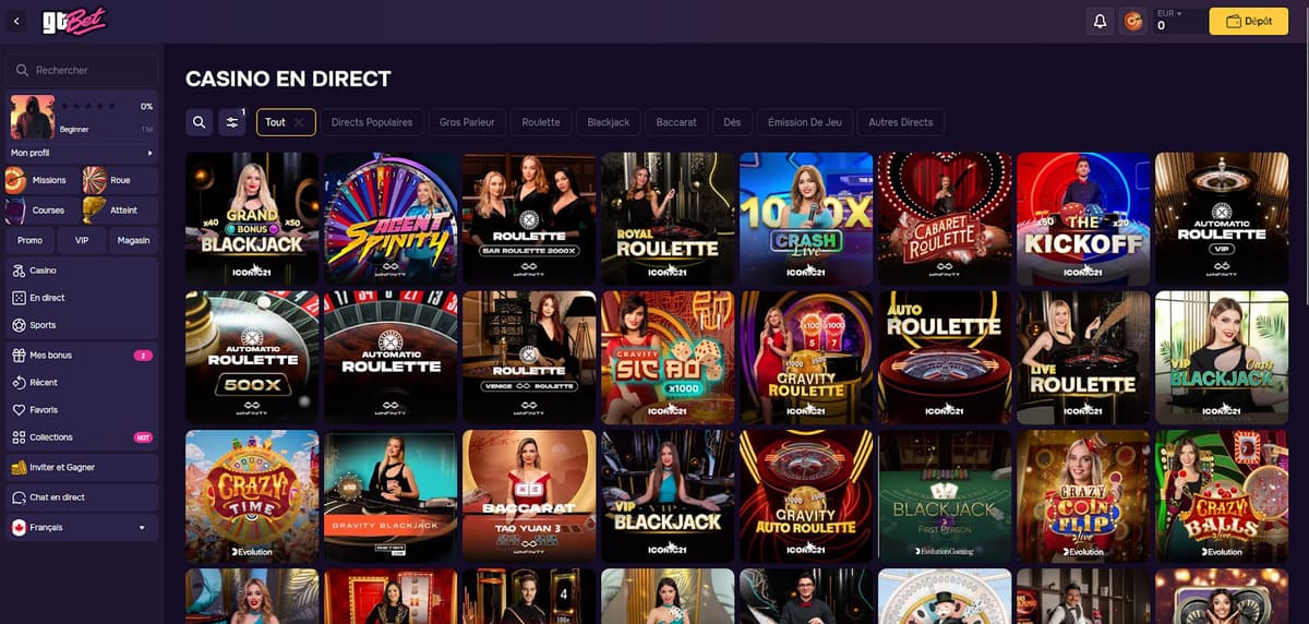 Sección live y bonos paralelos en GT Bet